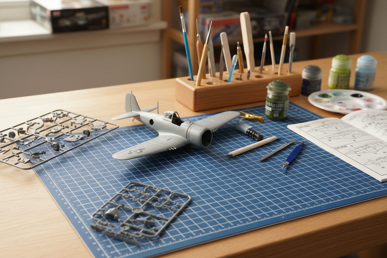 Plastic scale model kit in progress on a workbench