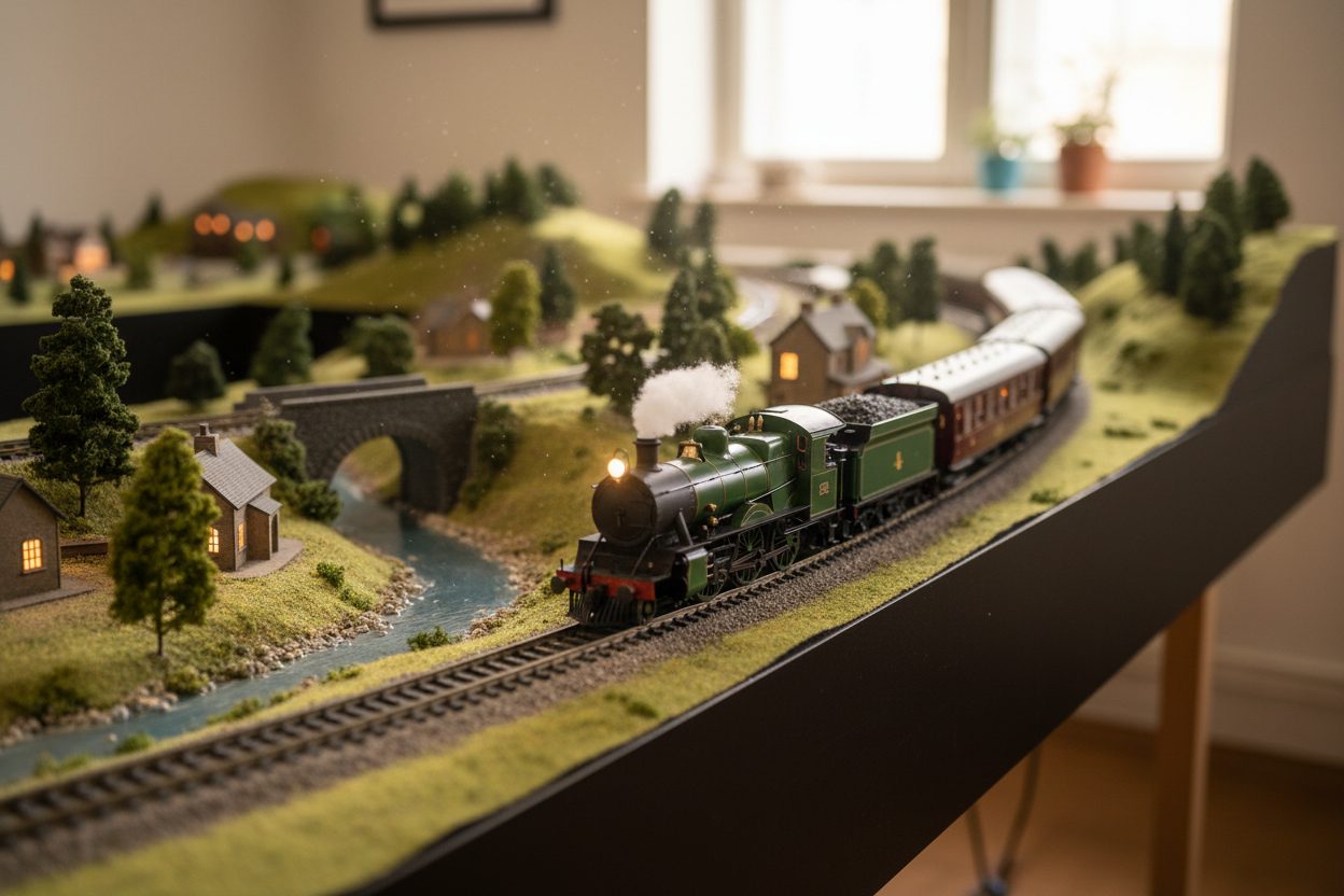 Model train locomotive on a scenic model railroad layout