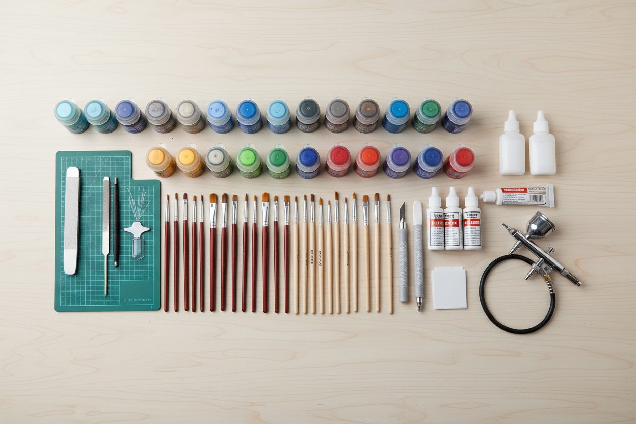 Hobby paints, brushes, tools and modelling supplies