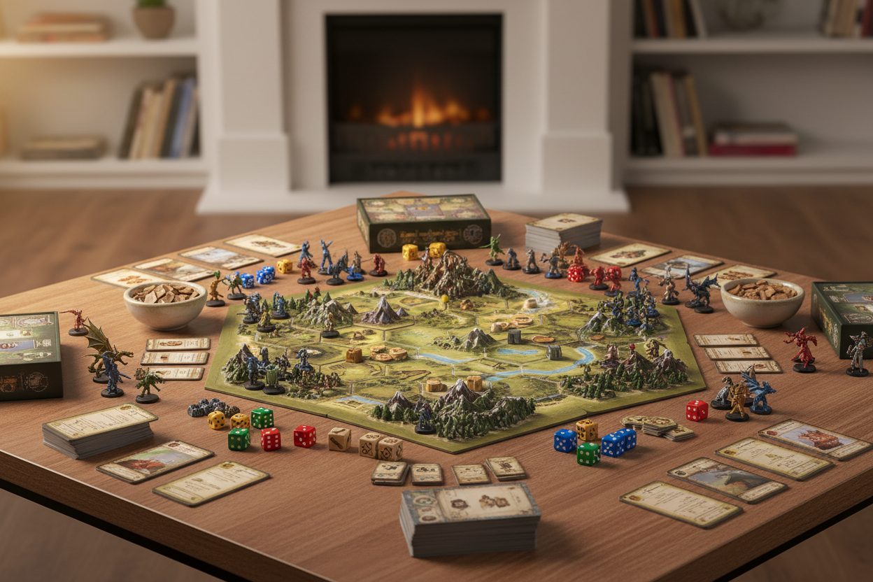 Tabletop board game setup with cards, dice and miniatures