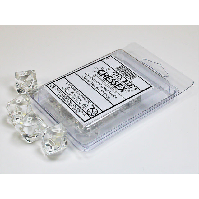 Chessex Translucent Clear/white Set of Ten d10s
