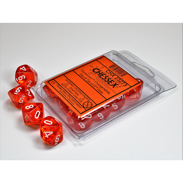 Chessex Translucent Orange/white Set of Ten d10s