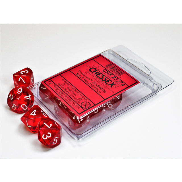 Chessex Translucent Red/white Set of Ten d10s