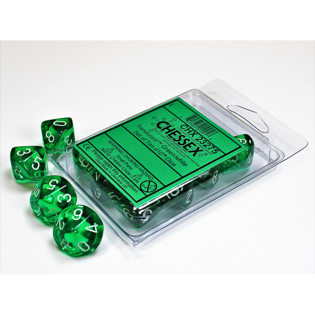 Chessex Translucent Green/white Set of Ten d10s