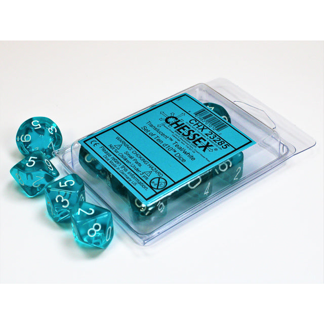 Chessex Translucent Teal/white Set of Ten d10s