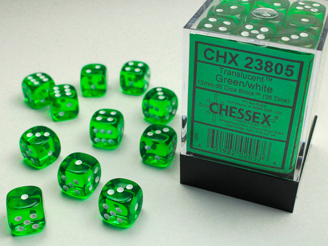 Chessex Translucent 12mm d6 (36 Dice) Green/whit