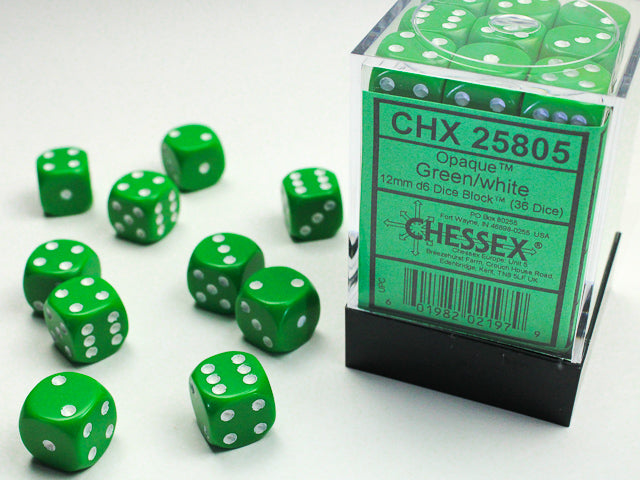 Chessex Opaque 12mm d6 (36 Dice) Green/white
