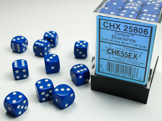 Chessex Opaque 12mm d6 (36 Dice) Blue/white
