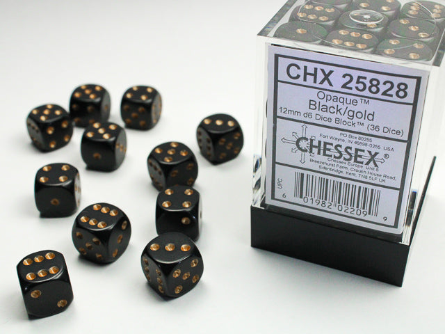 Chessex Opaque 12mm d6 (36 Dice) Black/gold