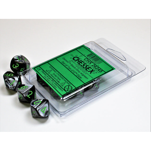 Chessex Gemini Black-Grey/green Set of Ten d10s