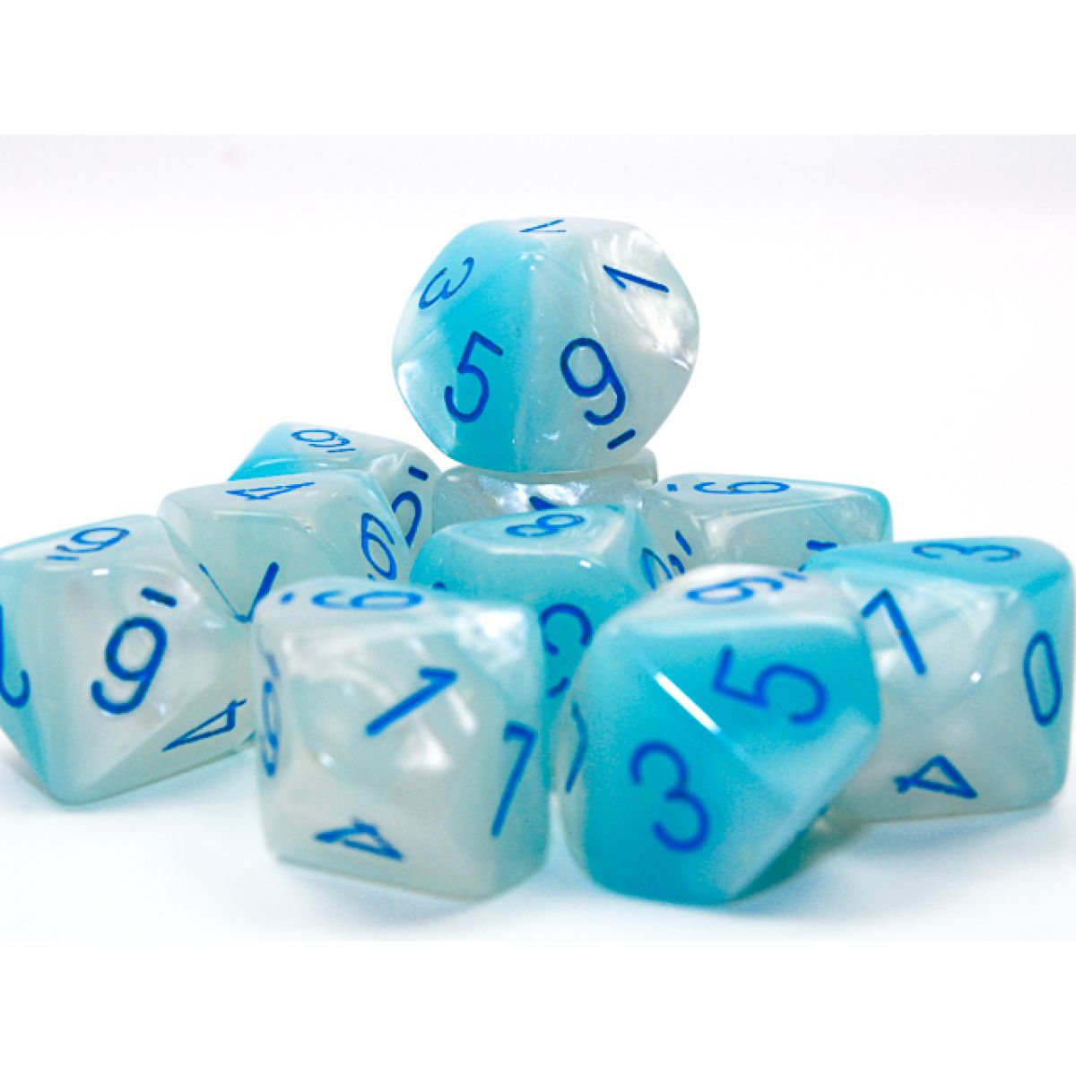 Chessex CHX26265 Gemini Pearl Turquoise-White/ Blue Luminary D10s Set of 10 (9250464661741)