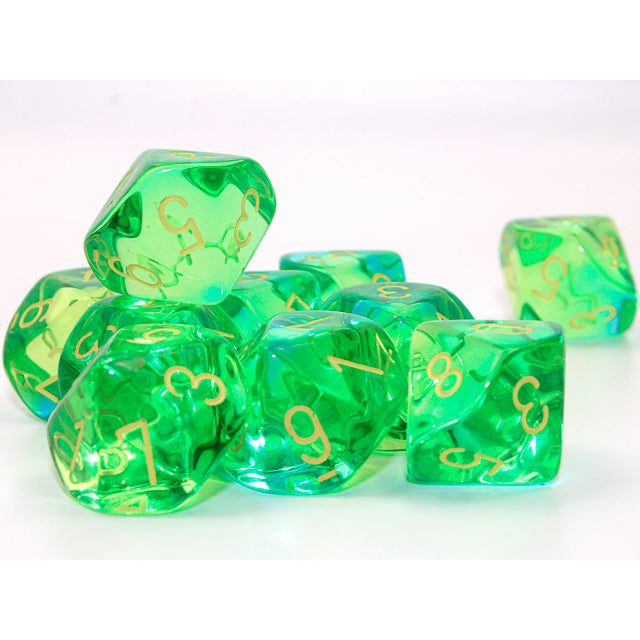 Chessex Gemini Translucent Green-Teal/yellow Set of 10 d10s