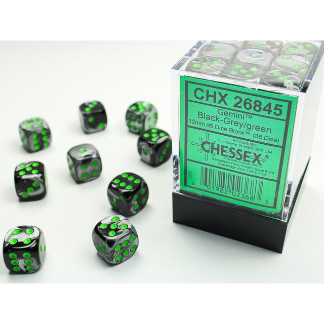 Chessex Gemini 12mm d6 Black-Grey/green Dice Block (36 dice)