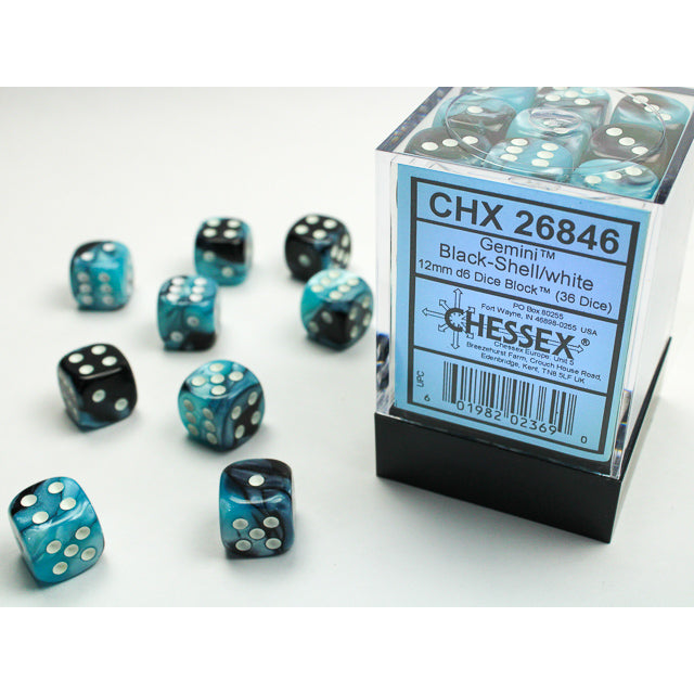 Chessex Gemini 12mm d6 Black-Shell/white Dice Block (36 dice)