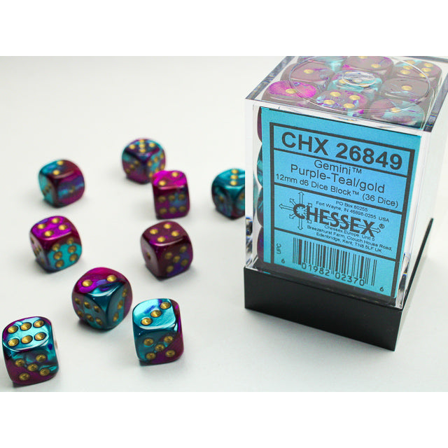 Chessex Gemini 12mm d6 Purple-Teal/gold Dice Block (36 dice)