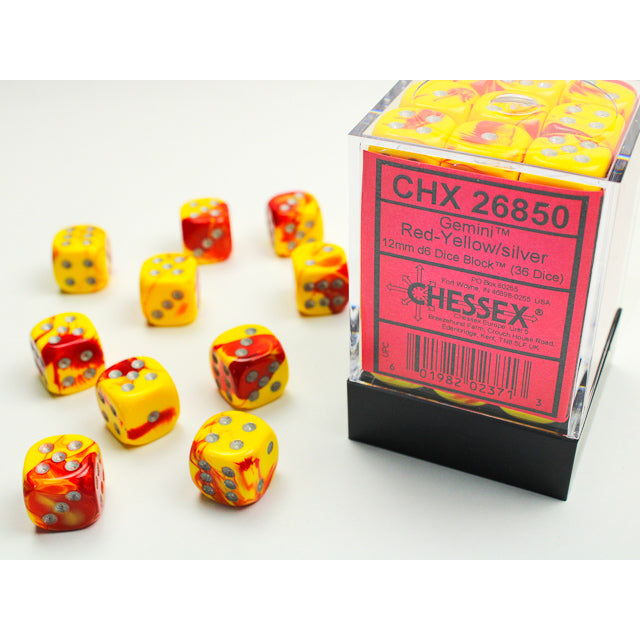 Chessex Gemini 12mm d6 Red-Yellow/silver Dice Block (36 dice)