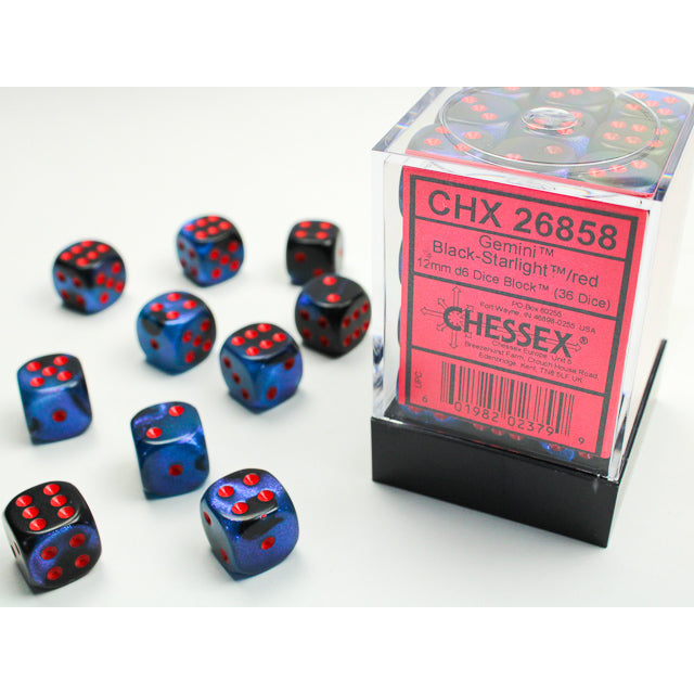 Chessex Gemini 12mm d6 Black-Starlight/red Dice Block (36 dice)