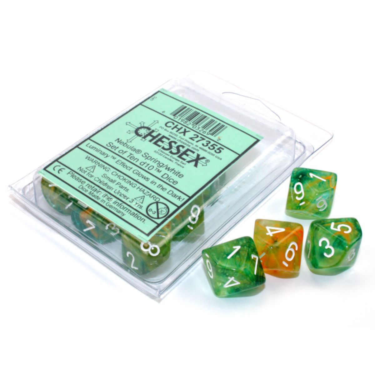 Chessex CHX27355 Nebula Spring/White Luminary D10 Set of 10 (9250465972461)
