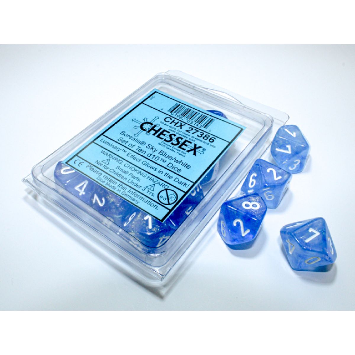 Chessex CHX27386 Borealis Sky Blue/White Luminary D10 Set of 10 (9250466365677)