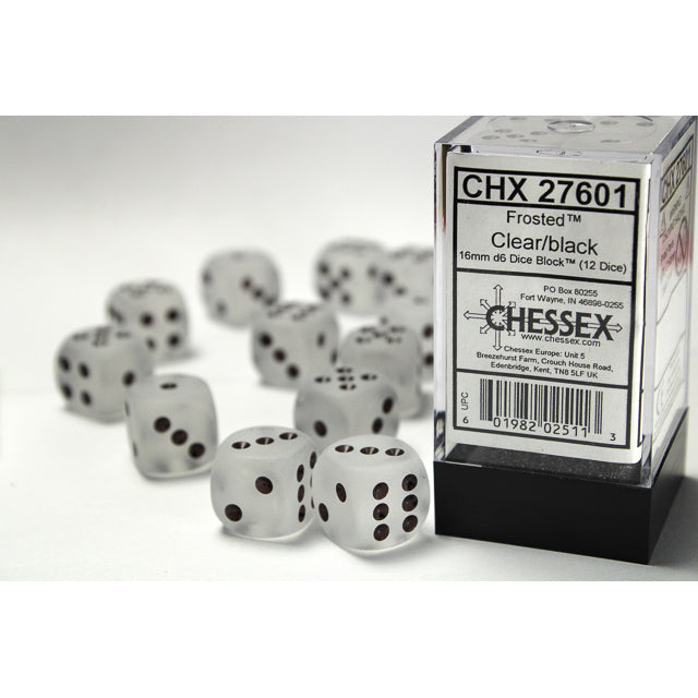 Chessex Frosted 16mm d6 Clear/black Dice Block (12 dice)