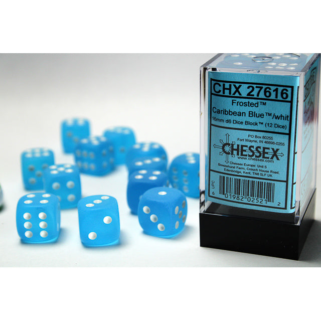 Chessex Frosted 16mm d6 Caribbean Blue/white Dice Block (12