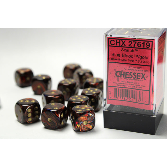 Chessex Scarab 16mm d6 Blue Blood/gold Dice Block (12 dice)