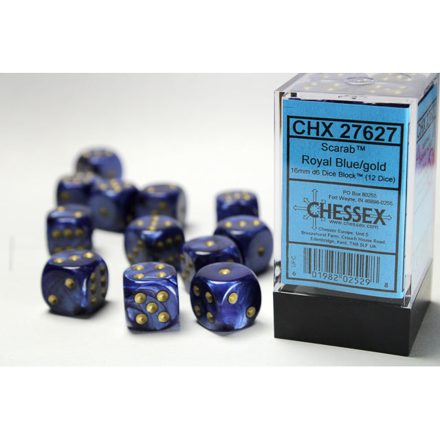 Chessex Scarab 16mm d6 Royal Blue/gold Dice Block (12 dice)
