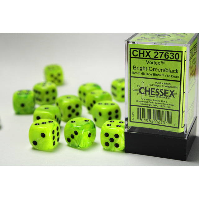 Chessex Vortex 16mm d6 Bright Green/black Dice Block (12 dice)