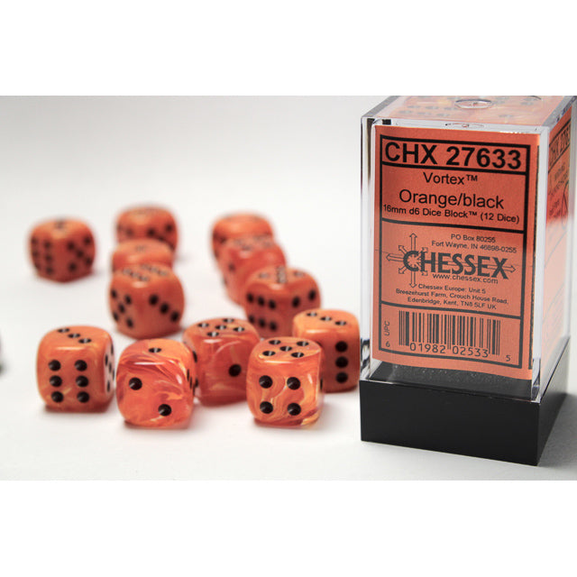 Chessex Vortex 16mm d6 Orange/black Dice Block (12 dice)