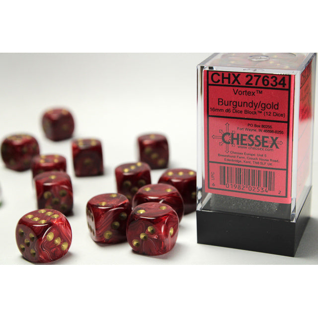 Chessex Vortex 16mm d6 Burgundy/gold Dice Block (12 dice)