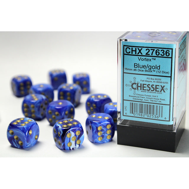 Chessex Vortex 16mm d6 Blue/gold Dice Block (12 dice)