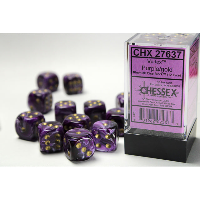 Chessex Vortex 16mm d6 Purple/gold Dice Block (12 dice)