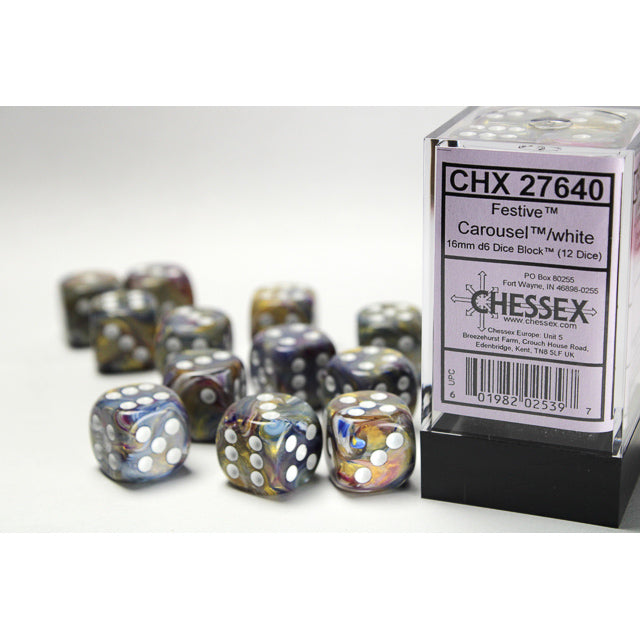 Chessex Festive 16mm d6 Carousel/white Dice Block (12 dice)