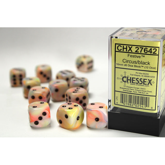 Chessex Festive 16mm d6 Circus/black Dice Block (12 dice)