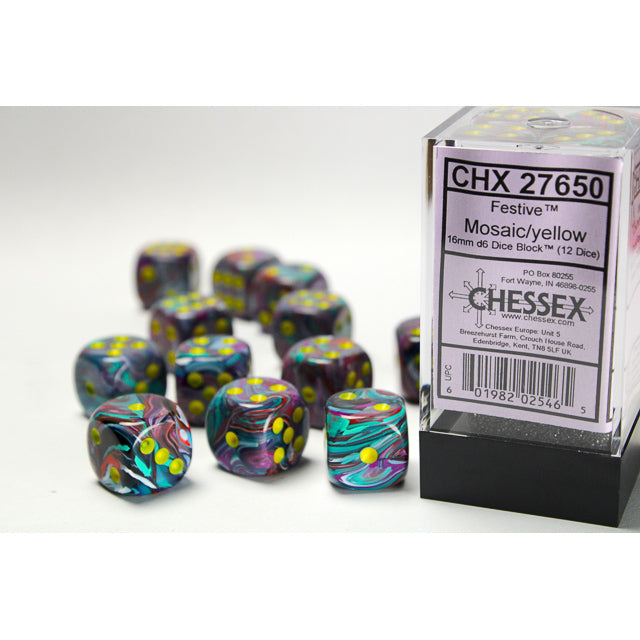 Chessex Festive 16mm d6 Mosaic/yellow Dice Block (12 dice)