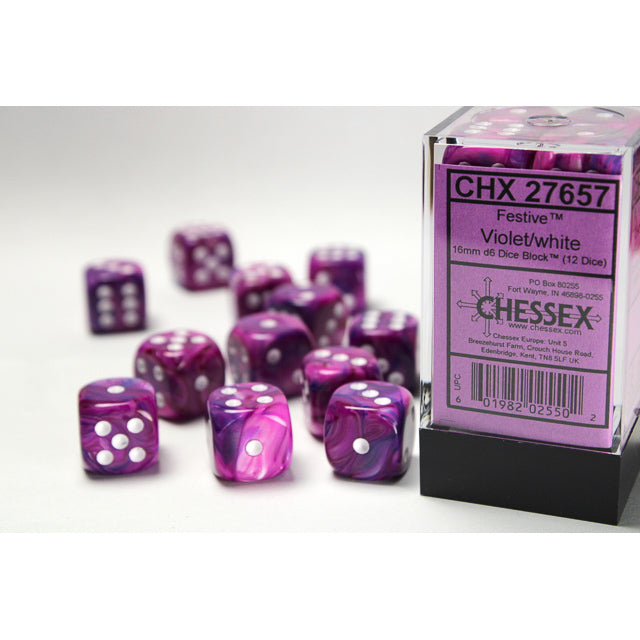 Chessex Festive 16mm d6 Violet/white Dice Block (12 dice)