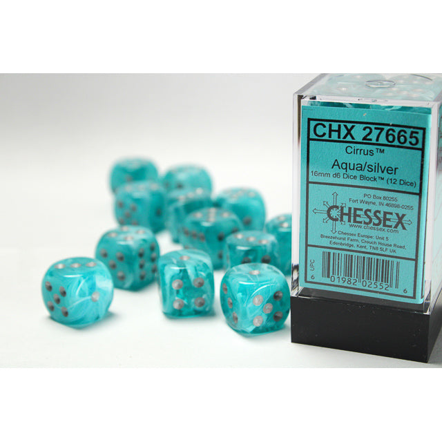 Chessex Cirrus 16mm d6 Aqua/silver Dice Block (12 dice)