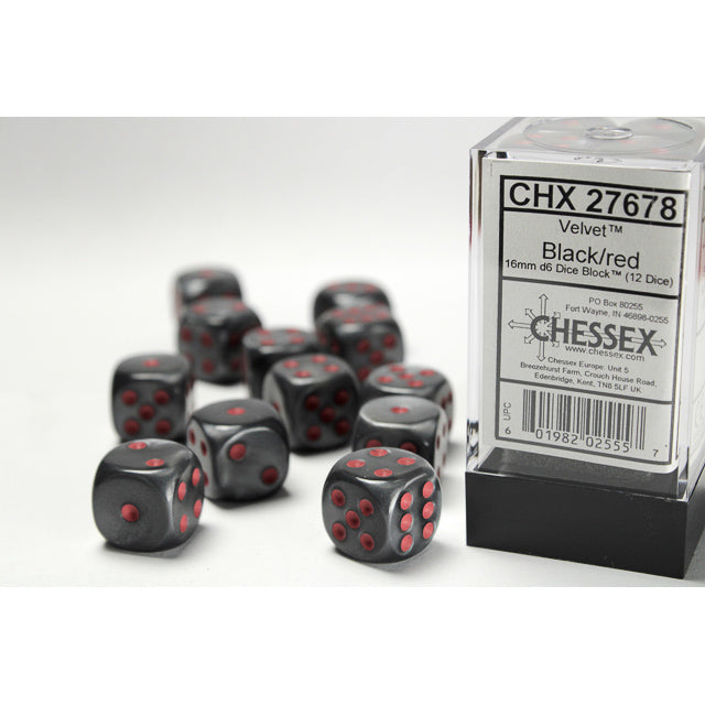 Chessex Velvet 16mm d6 Black/red Dice Block (12 dice)