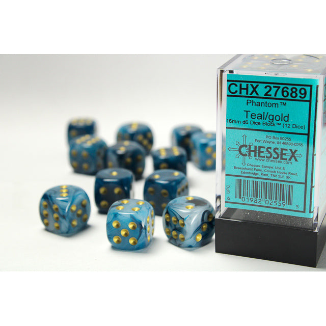 Chessex Phantom 16mm d6 Teal/gold Dice Block (12 dice)