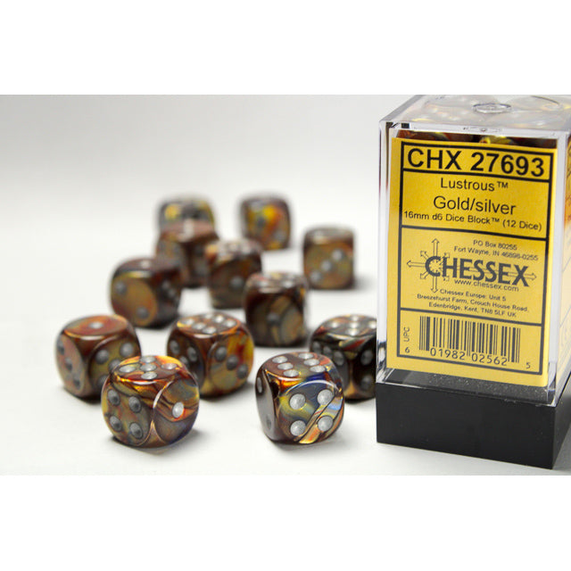 Chessex Lustrous 16mm d6 Gold/silver Dice Block (12 dice)