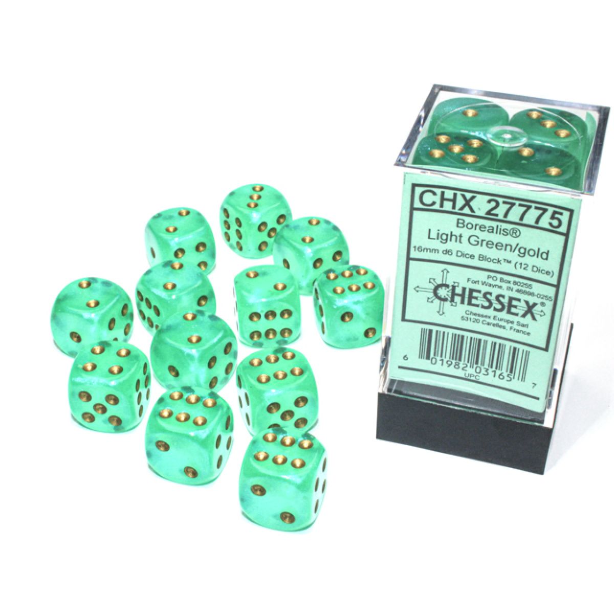 Chessex CHX27775 Borealis Light Green/Gold Luminary D6 Set of 12 (16mm) (9250467348717)