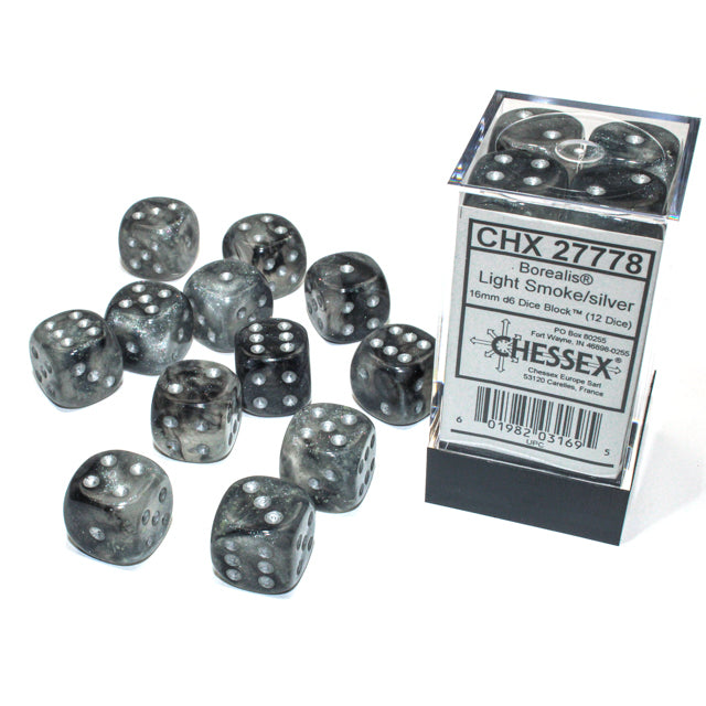 Chessex Borealis 16mm d6 Light Smoke/silver Luminary Dice Block