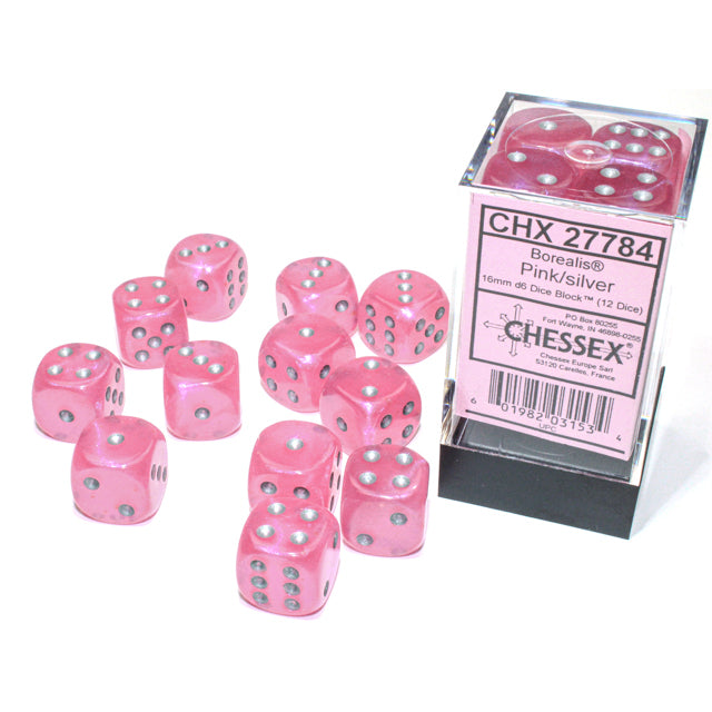 Chessex Borealis 16mm d6 Pink/silver Luminary Dice Block (12