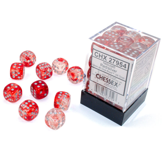 Chessex Nebula 12mm d6 Red/silver Luminary Dice Block (36 dice)