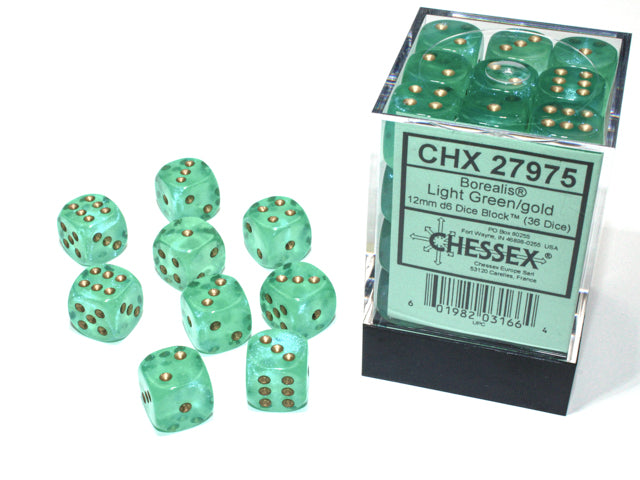Chessex Borealis 12mm d6 Light Green/gold Luminary Dice Block