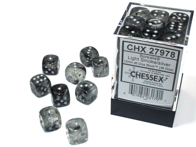 Chessex Borealis 12mm d6 Light Smoke/silver Luminary Dice Block