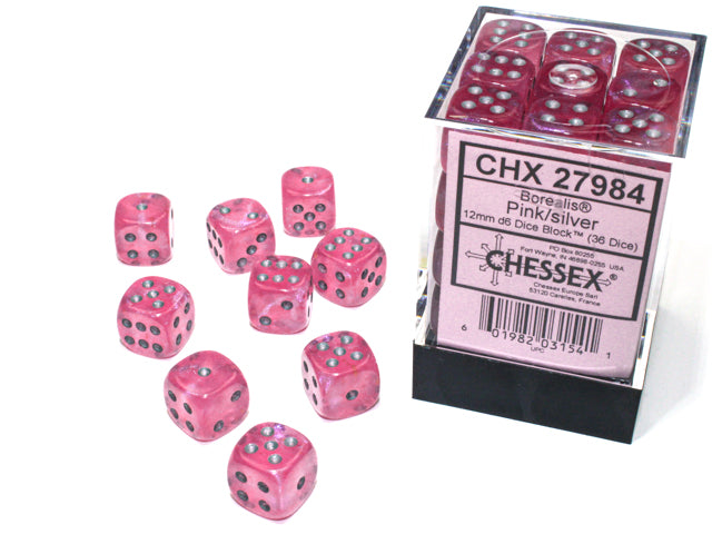 Chessex Borealis 12mm d6 Pink/silver Luminary Dice Block (36