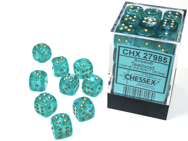 Chessex Borealis 12mm d6 Teal/gold Luminary Dice Block (36 dice)