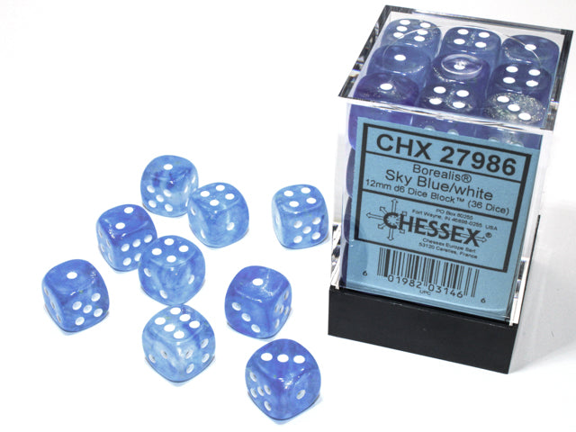 Chessex Borealis 12mm d6 Sky Blue/white Luminary Dice Block (36