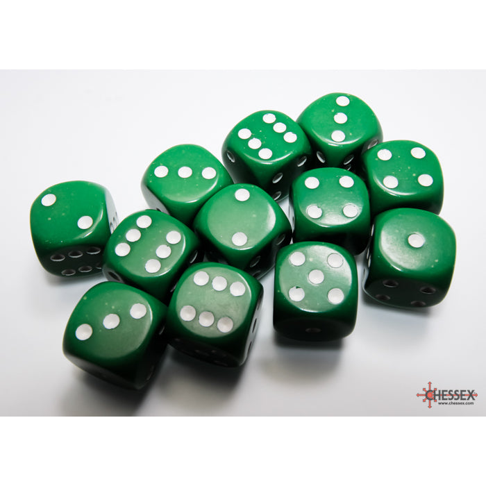 Chessex Opaque 16mm d6 Green/white Dice Block (12 dice)